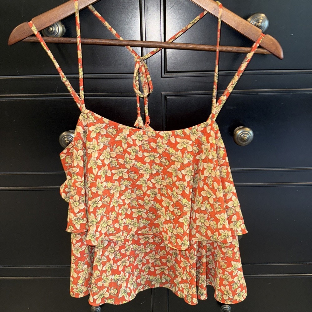 Rebecca Minkoff Women's Small Orange Floral Spaghetti Strap Tank Tiered Ruffle